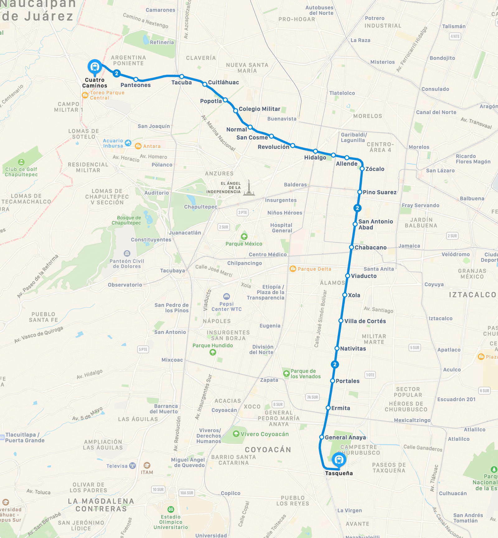 ✔️ Línea 2 Cuatro Caminos - Tasquena - red metro Ciudad de México